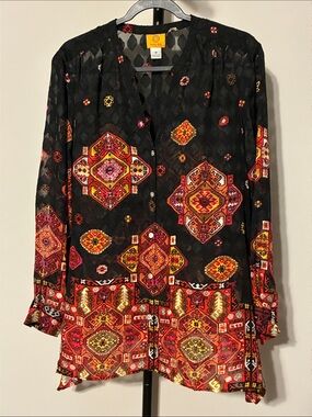 Ruby Rd. Sheer Black Tunic Top with Red, Pink & Gold Medallion Print Size 18